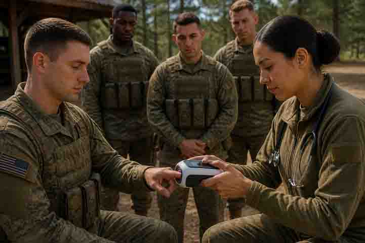 A combat medic running an Aurorus scan on a soldier in the field