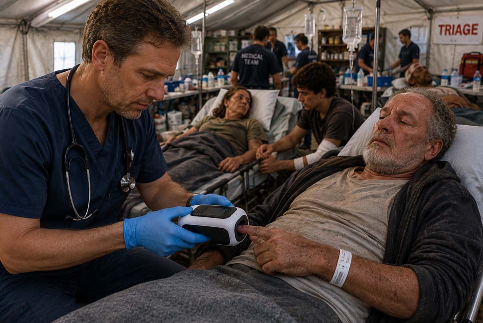 A clinician running an Aurorus scan on a patient in a disaster triage tent