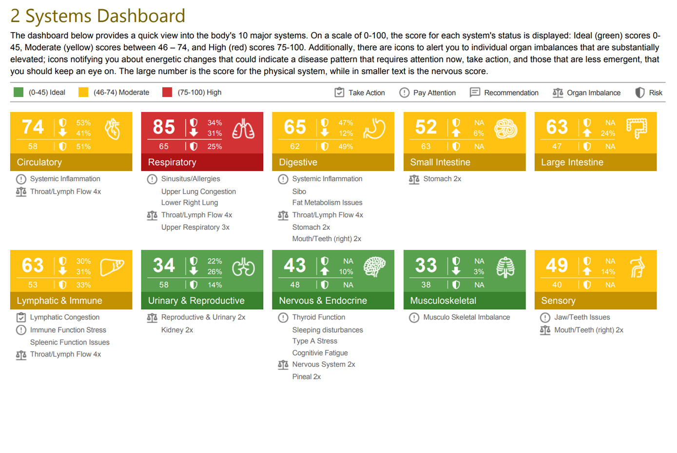 Aurorus Systems Dashboard: the body's major systems scored and color-coded green, yellow, or red