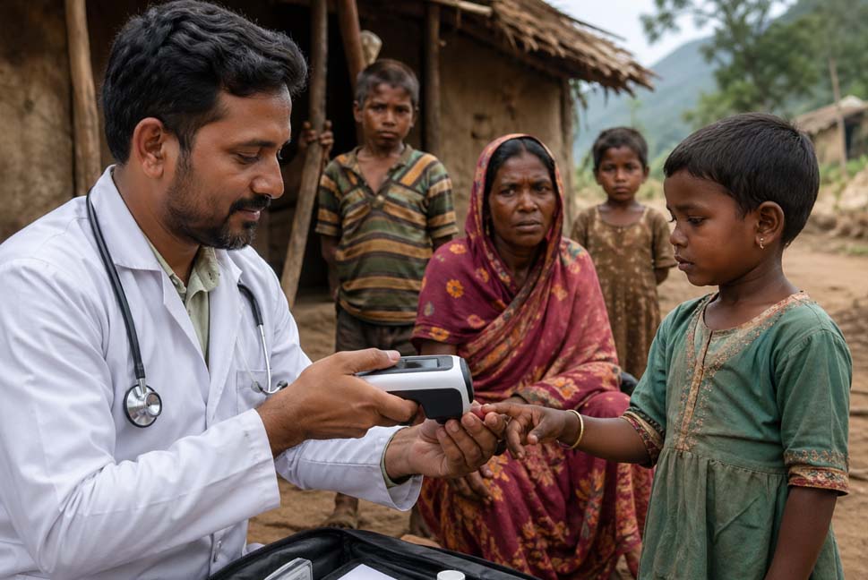 A clinician scanning a child outside a rural village home