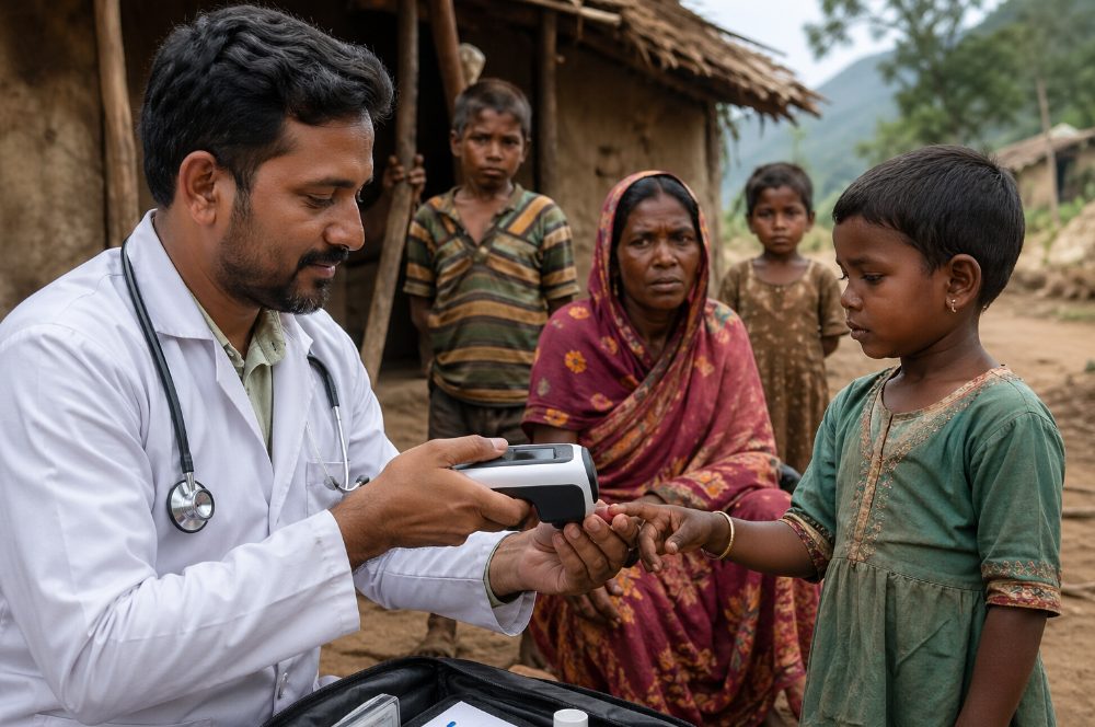 A clinician assesses a child in a rural village using a handheld Aurorus device