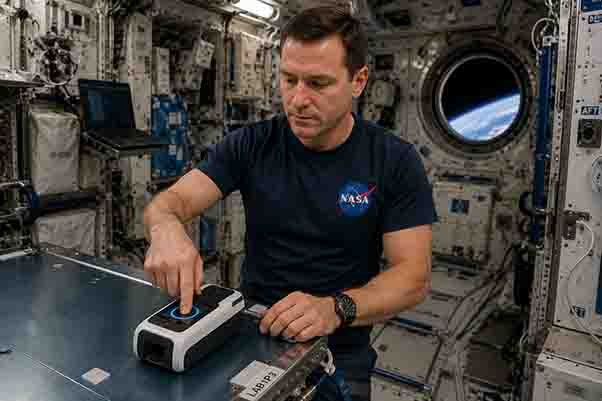 An astronaut running an Aurorus scan aboard a space station with Earth visible through the cupola