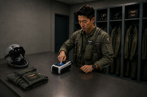 A pilot in flight gear running an Aurorus scan in a squadron ready room beside a flight helmet