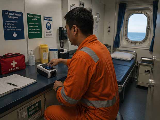A crew member running an Aurorus scan in a ship's sick bay, sea visible through the porthole